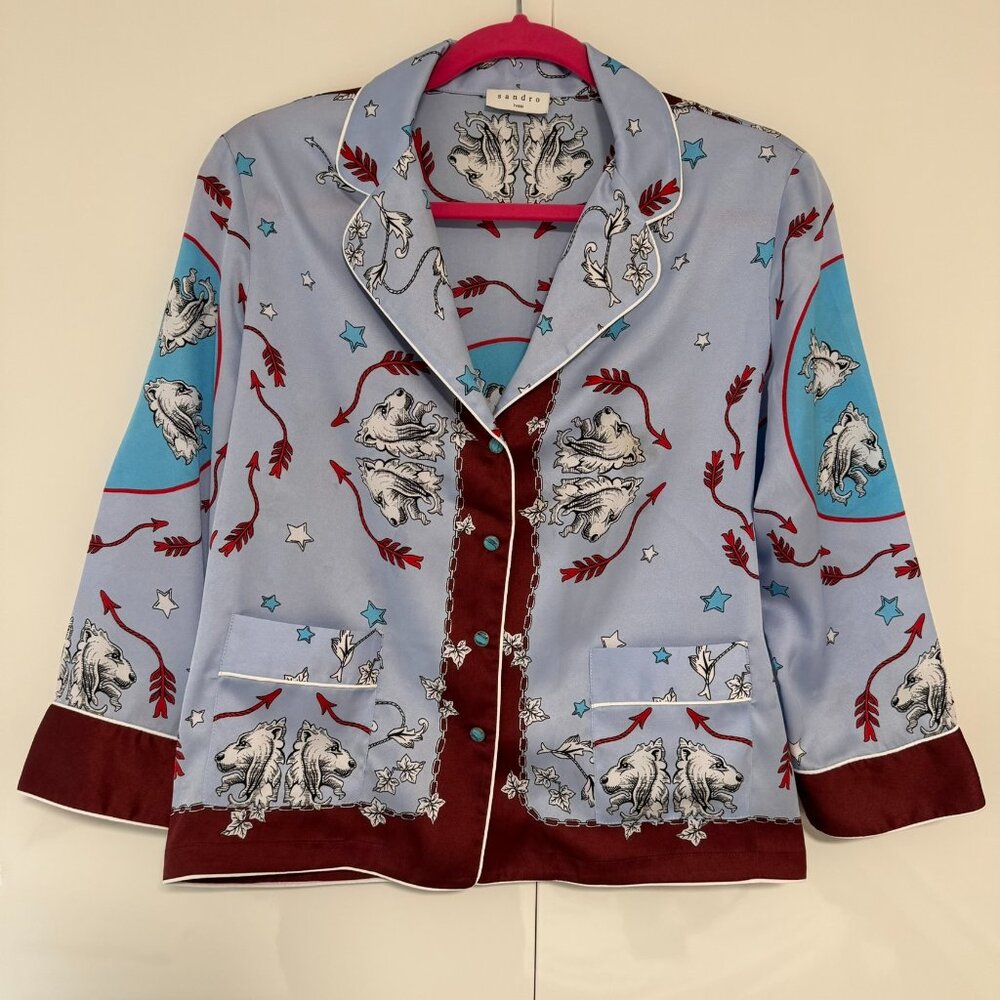 NWOT Sandro Paris Printed Silk-Feel Button-Front Top (Size 2)